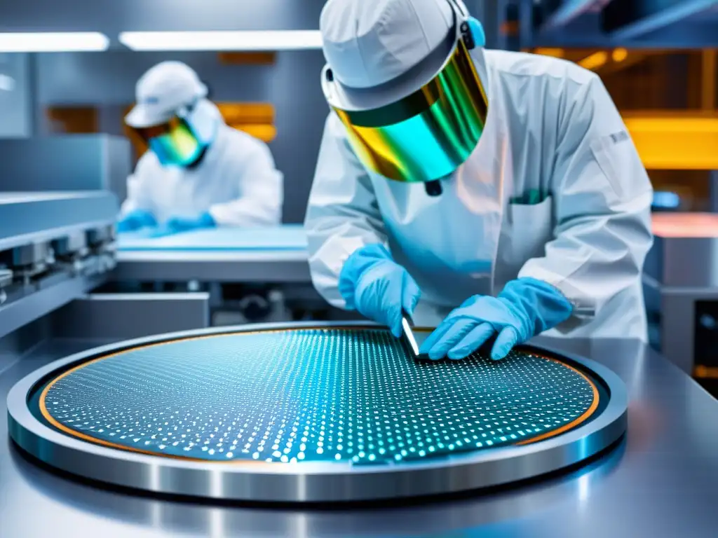 Un chip de silicio en proceso, con patrones de circuitos y maquinaria avanzada en una fábrica de semiconductores