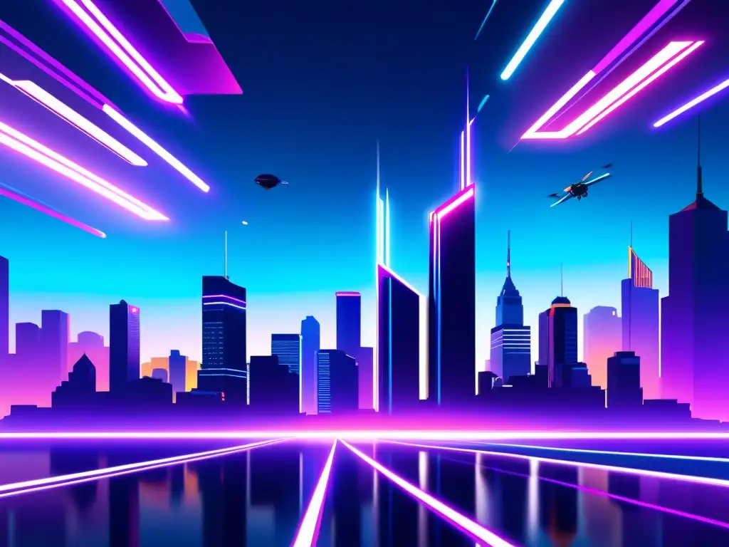 Ciberseguridad en Investigación y Desarrollo: Una ciudad futurista con edificios interconectados, luces neón y drones, evocando alta tecnología