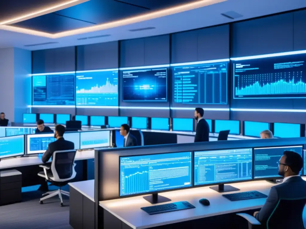 Lab de ciberseguridad con protección de patentes, estaciones futuristas, pantallas con código y vista urbana