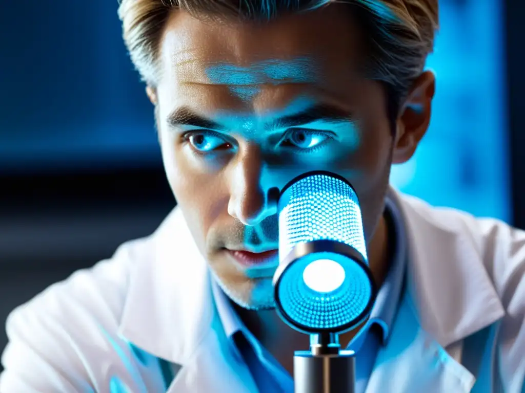 Un científico en bata blanca manipula con cuidado un dispositivo de nanotecnología bajo un microscopio, destacando la investigación de vanguardia en nanotecnología, junto con las consideraciones éticas y legales