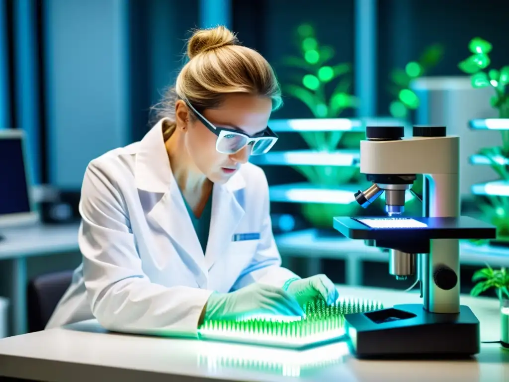 Un científico edita el código genético de una planta en un laboratorio moderno, rodeado de equipo de secuenciación genética
