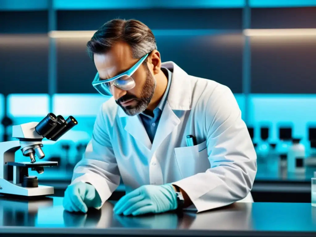 Un científico examina compuesto farmacéutico en laboratorio moderno con tecnología de vanguardia