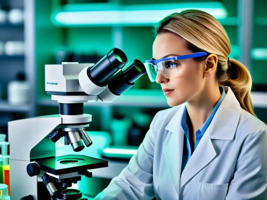 Un científico examina un compuesto farmacéutico bajo el microscopio en un moderno laboratorio
