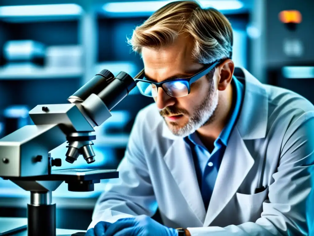 Un científico examina con cuidado un dispositivo de nanotecnología bajo un microscopio en un laboratorio moderno, transmitiendo responsabilidad ética
