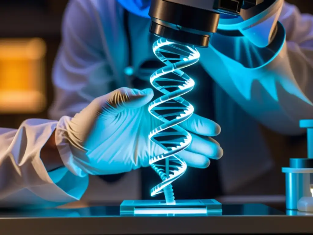 Un científico manipula con cuidado una hebra de ADN bajo un microscopio de alta potencia, en un laboratorio brillante y detallado