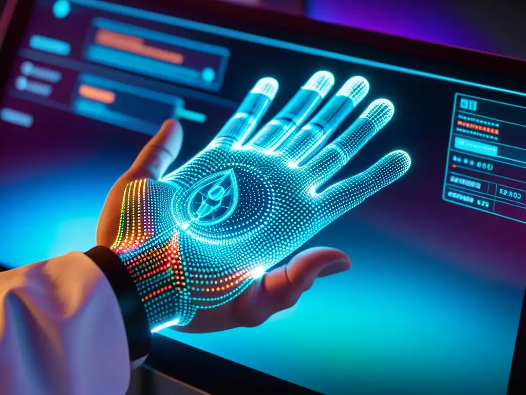 Un científico maneja una interfaz holográfica futurista mostrando datos médicos, con un ambiente profesional y ética en investigación médica digital