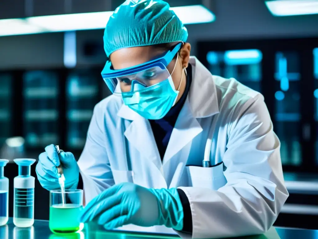 Un científico en un laboratorio farmacéutico moderno, meticulosamente midiendo y mezclando compuestos químicos