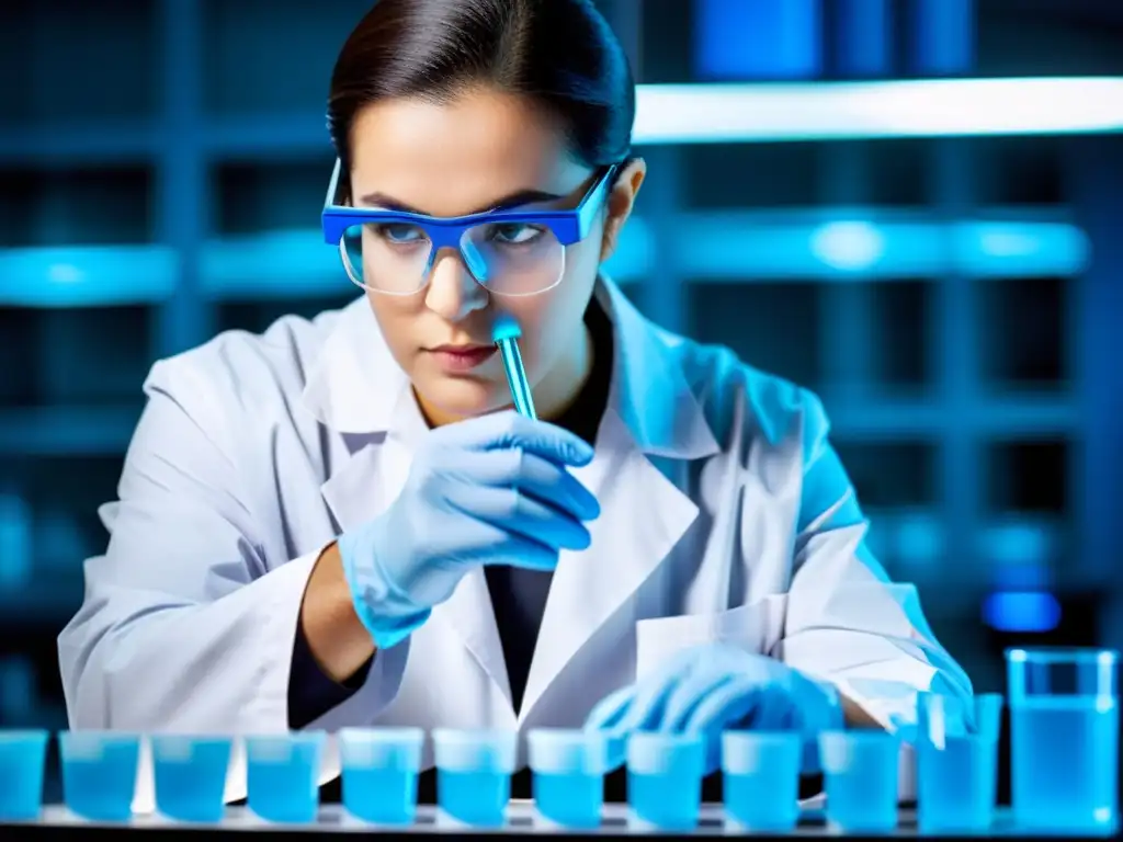 Un científico en un laboratorio farmacéutico moderno, pipeteando una solución azul vibrante en un tubo de ensayo