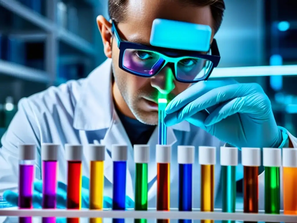 Un científico en un laboratorio farmacéutico moderno realiza una cuidadosa pipeteo de una solución colorida y vibrante en un tubo de ensayo