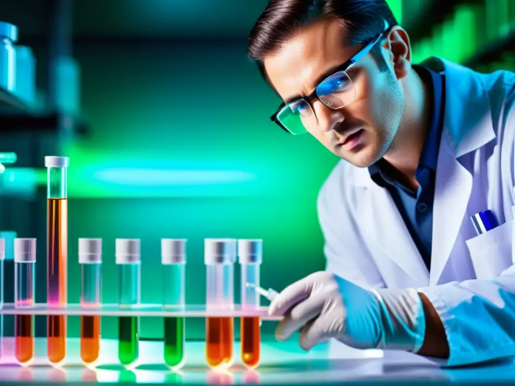 Un científico en un laboratorio farmacéutico moderno, pipeteando líquido fluorescente con precisión