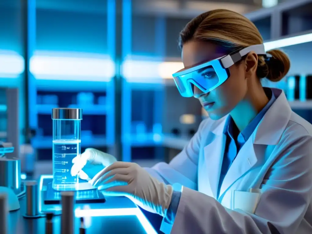 Un científico en un laboratorio farmacéutico moderno manipulando equipo futurista, desafíos propiedad intelectual industria farmacéutica