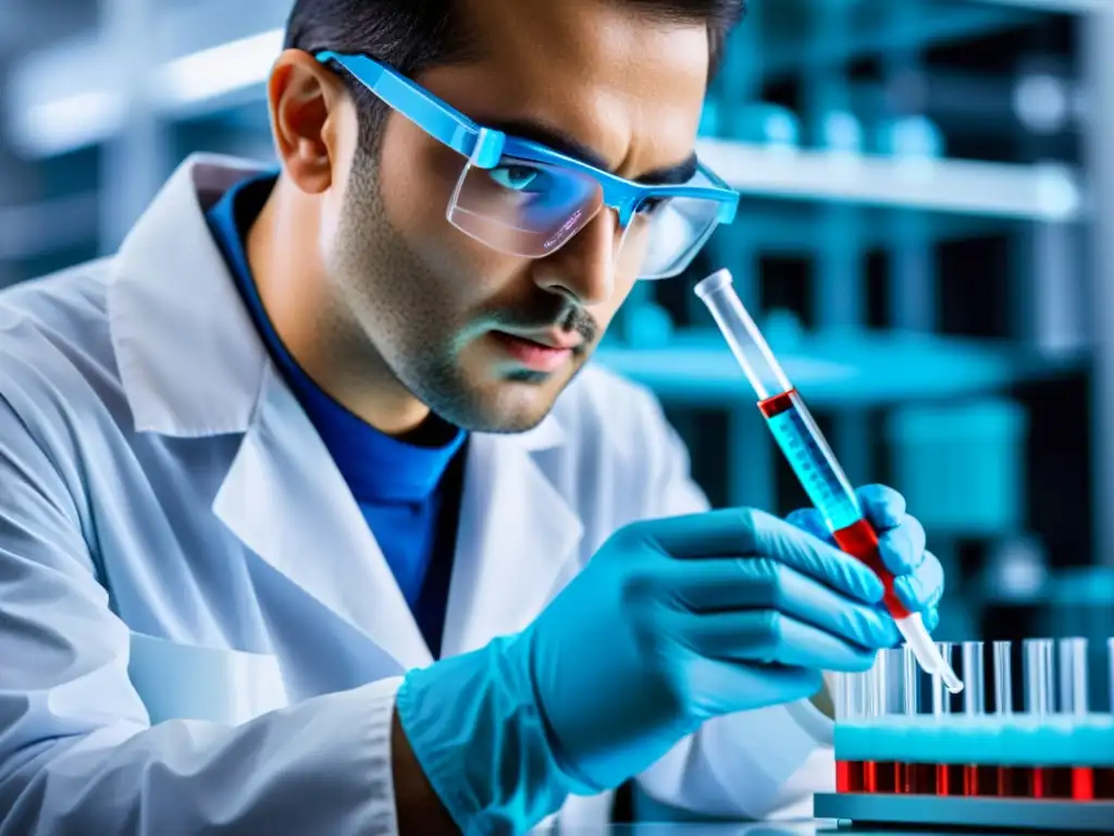 Un científico en un laboratorio farmacéutico de vanguardia, pipeteando con precisión una solución vibrante en un vial etiquetado