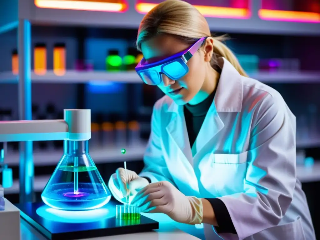 Un científico en un laboratorio moderno, patentando biotecnología con una pipeta