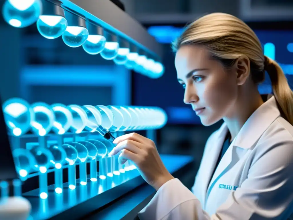 Un científico en un laboratorio moderno manipula cuidadosamente una cadena de ADN bajo un microscopio potente, rodeado de tecnología futurista