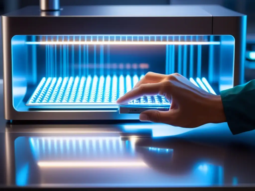 Un científico en un laboratorio moderno ajusta con cuidado una máquina de edición genética CRISPR bajo una luz brillante y futurista
