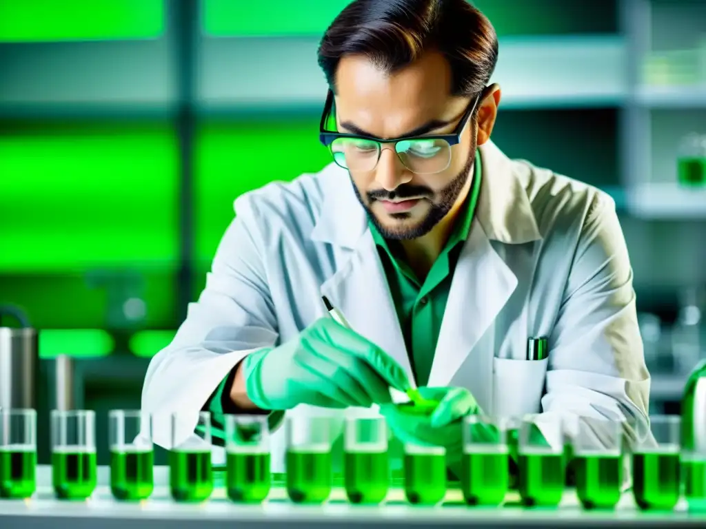 Investigación farmacéutica sostenible: científico en laboratorio moderno Un científico en un laboratorio moderno realiza experimentos con sustancias farmacéuticas sostenibles, transmitiendo innovación y dedicación