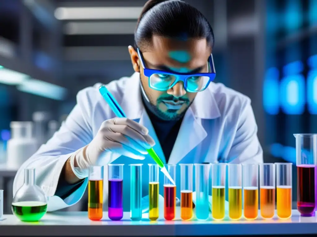 Un científico en un laboratorio moderno pipeteando líquido brillante en un tubo de ensayo, rodeado de tecnología avanzada