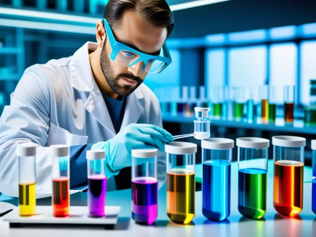 Un científico en un laboratorio moderno pipetea cuidadosamente una mezcla de líquidos coloridos en un tubo de ensayo, rodeado de tecnología futurista