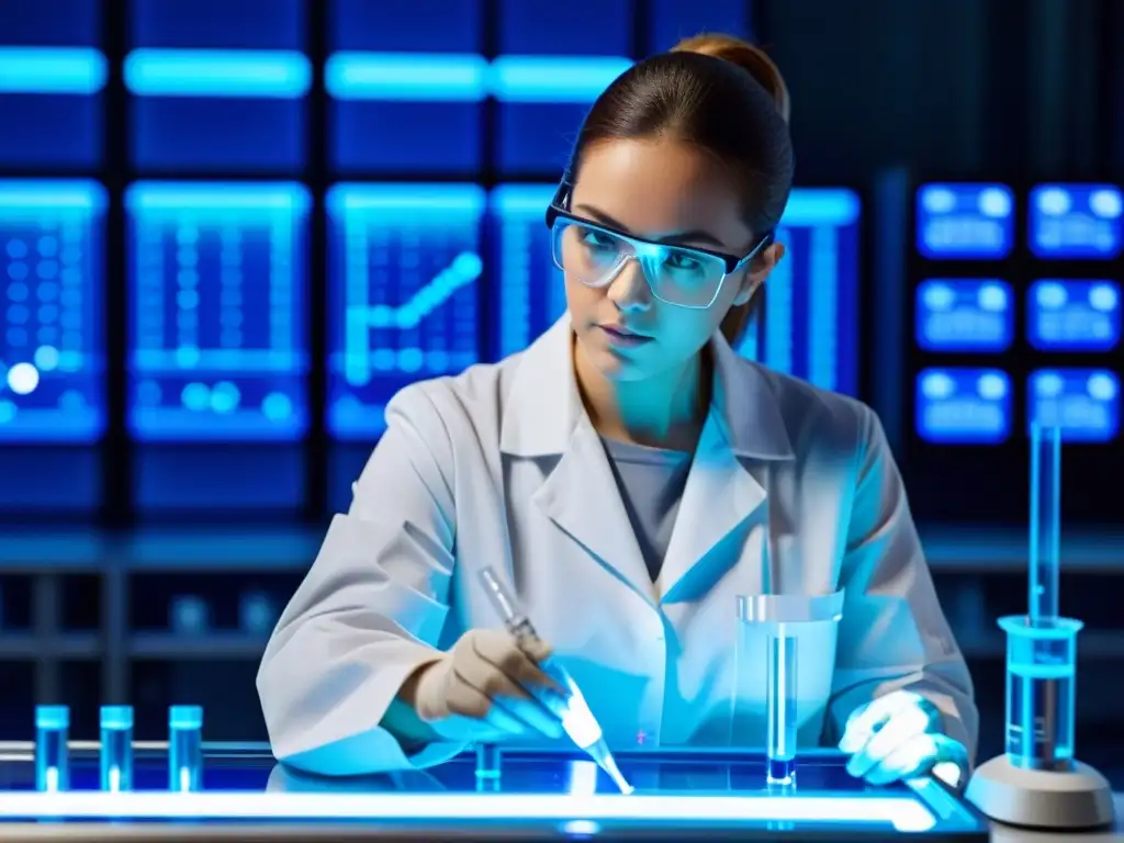 Un científico en un laboratorio moderno realiza una pipeteo cuidadoso, rodeado de tecnología futurista y pantallas digitales