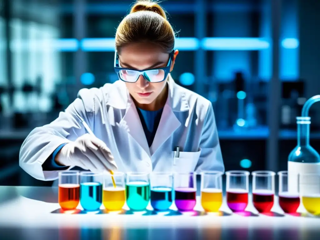 Un científico en un laboratorio moderno, realizando cuidadosamente una pipeteo en una placa de Petri con una solución colorida y compleja