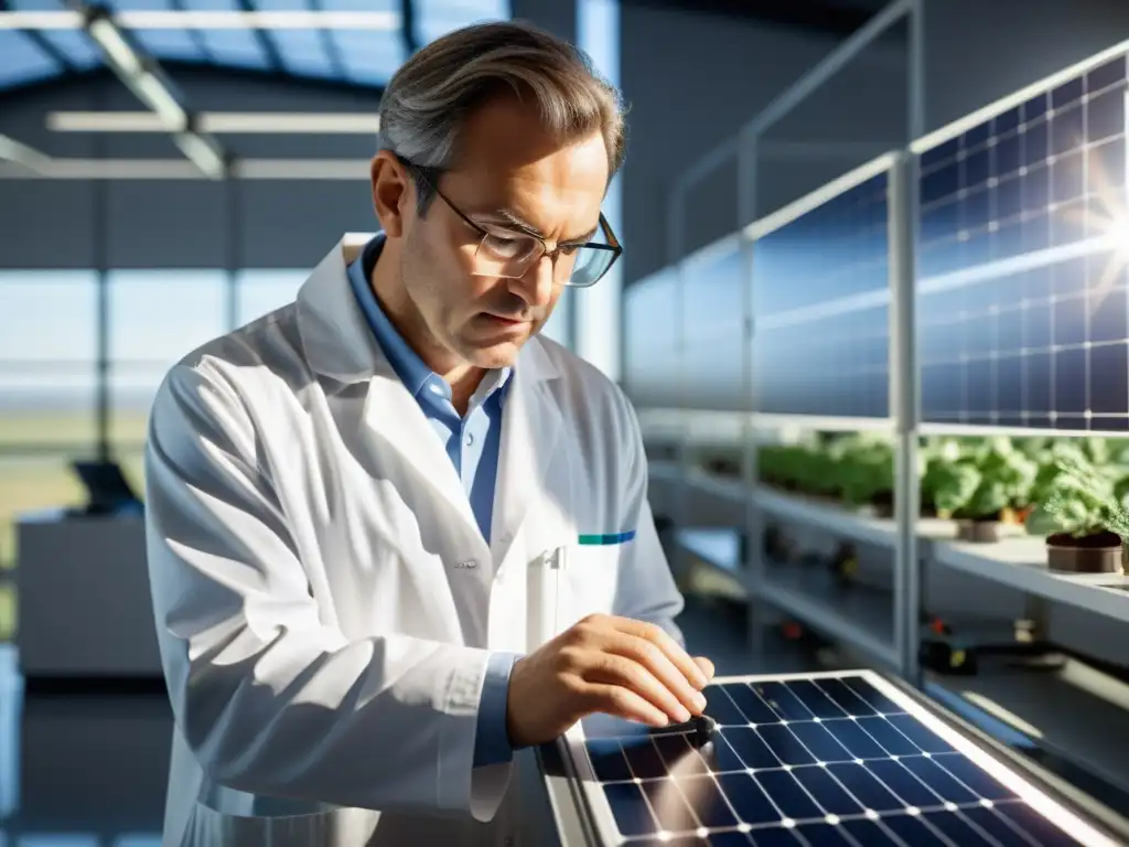 Un científico en un laboratorio moderno examina detenidamente un prototipo de panel solar, resaltando la naturaleza vanguardista de la investigación en energía renovable y el meticuloso proceso de patentar invención