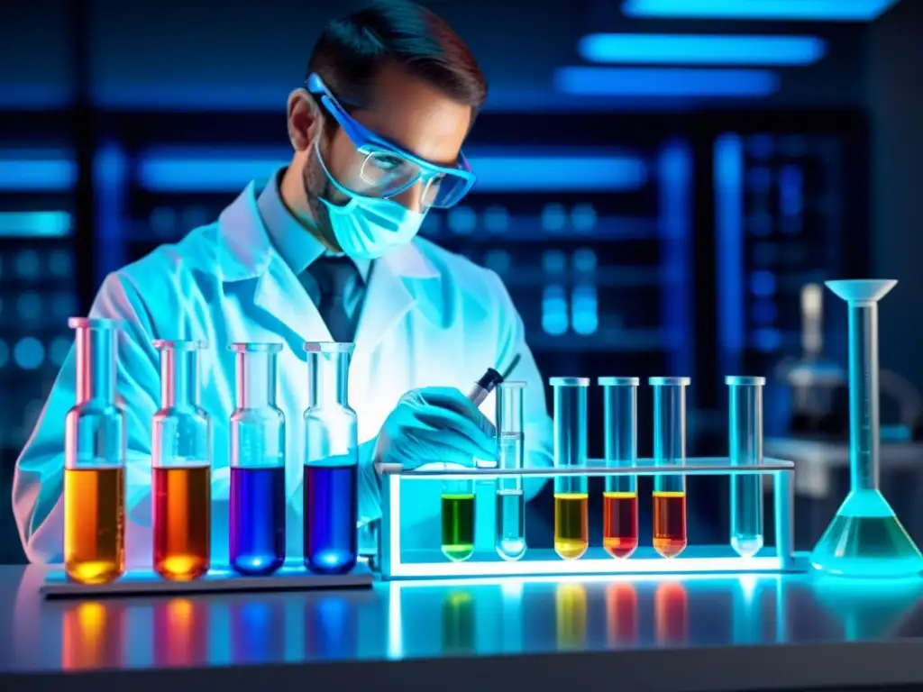 Un científico en un laboratorio moderno pipeteando una solución colorida en un tubo de ensayo, rodeado de equipamiento futurista e iluminado por una suave luz azul