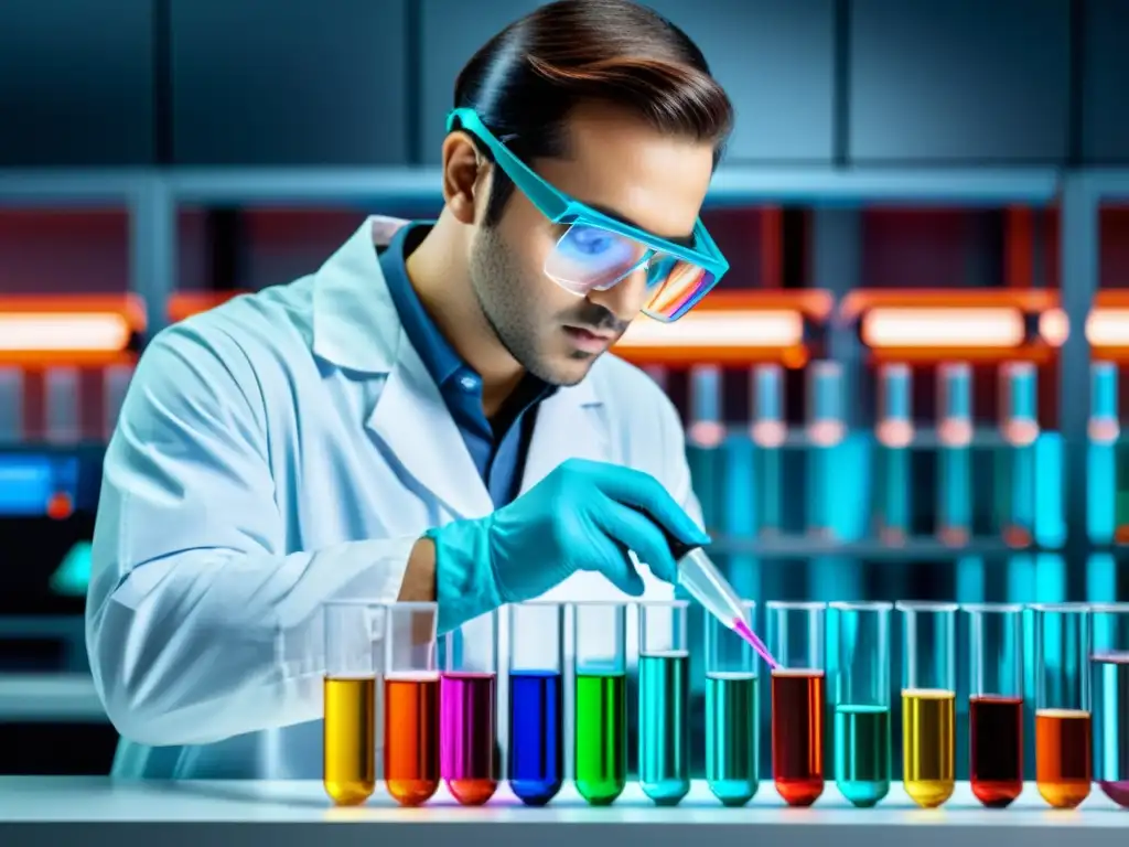 Un científico en un laboratorio moderno pipeteando una solución colorida en un tubo de ensayo, con tecnología futurista en segundo plano, simbolizando la naturaleza vanguardista de la biotecnología y las complejas regulaciones que la rigen