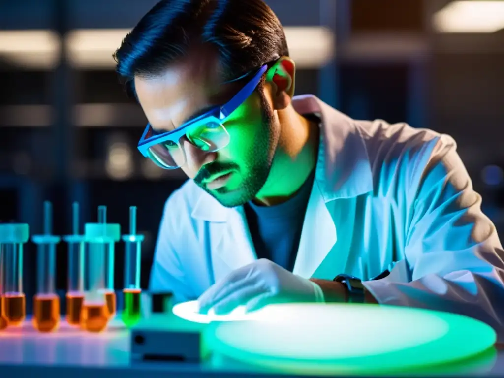 Un científico en un laboratorio de vanguardia pipetea líquido brillante en una placa de Petri, rodeado de equipo científico avanzado