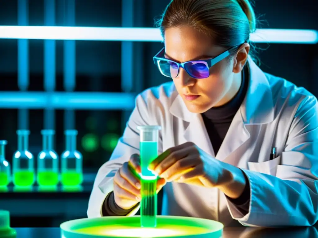 Un científico pipetea líquido en un laboratorio moderno, creando patrones vibrantes en una placa de Petri