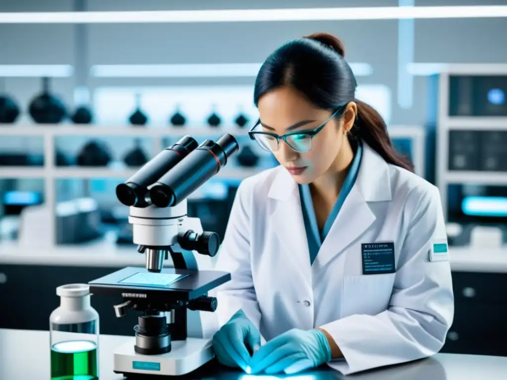 Un científico examina un microscopio en un laboratorio moderno, rodeado de documentos y acuerdos de cooperación internacionales
