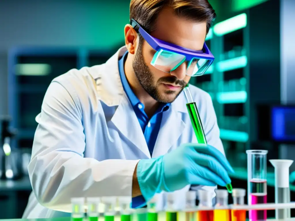 Un científico en un moderno laboratorio farmacéutico, usando una pipeta para transferir una solución colorida a un tubo de ensayo