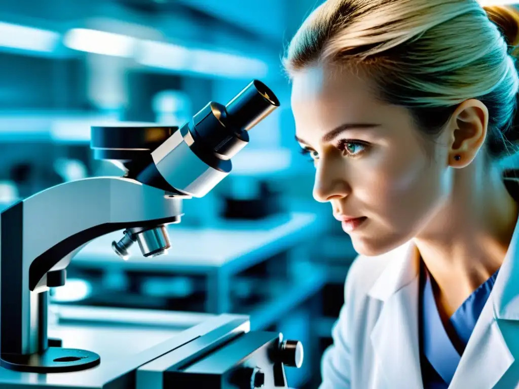 Un científico examina una muestra biotecnológica bajo un microscopio en un laboratorio moderno