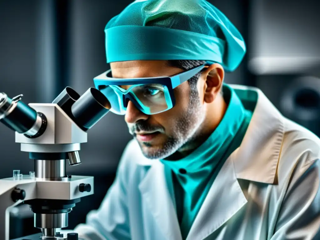 Un científico examina una muestra de nanomaterial bajo un microscopio electrónico, destacando la complejidad y precisión en la protección legal de nanomateriales