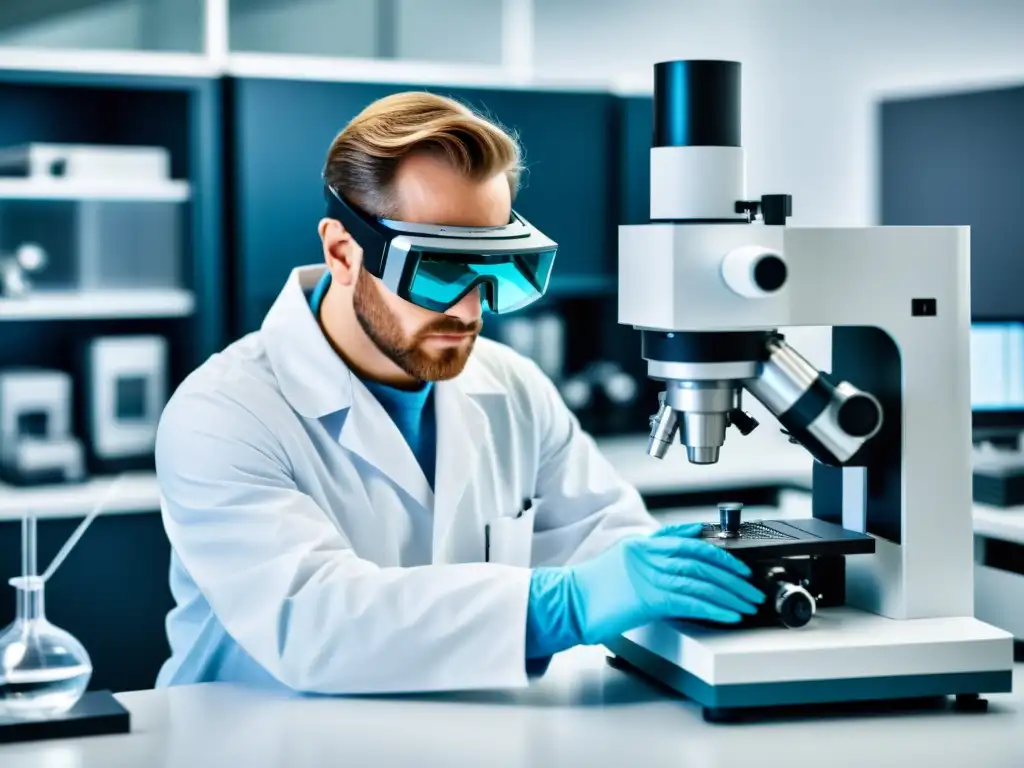 Un científico examina una muestra de nanotecnología en un laboratorio moderno con microscopio electrónico