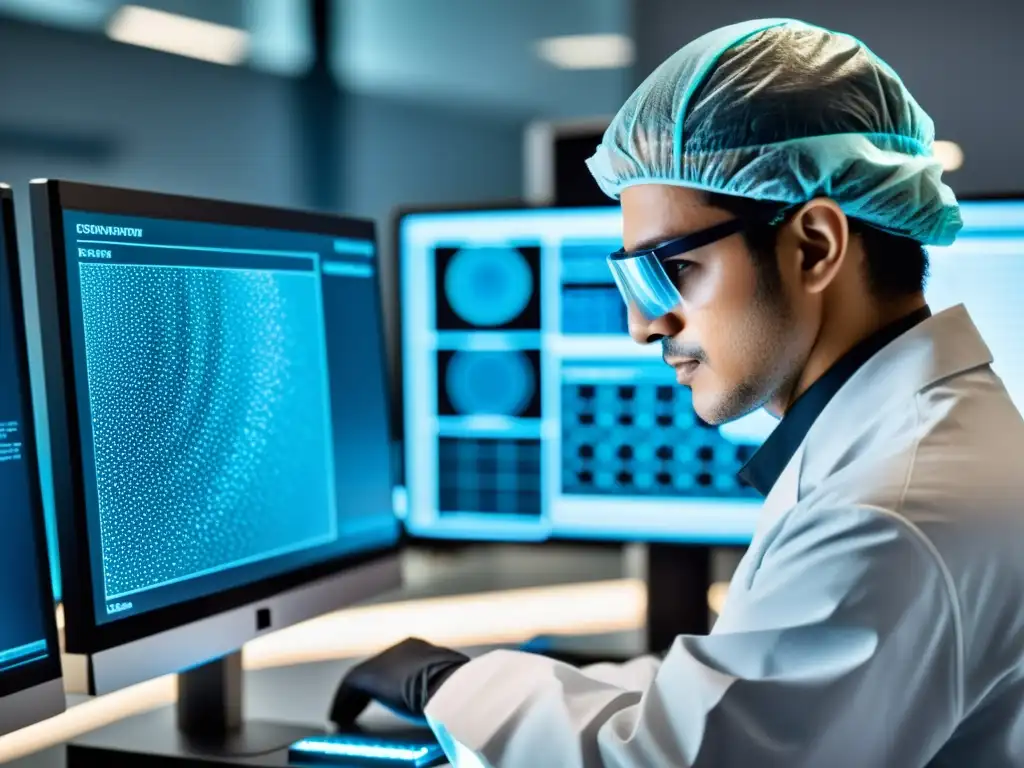 Un científico manipula nanomateriales en un laboratorio moderno, con una patente de nanotecnología en la pantalla