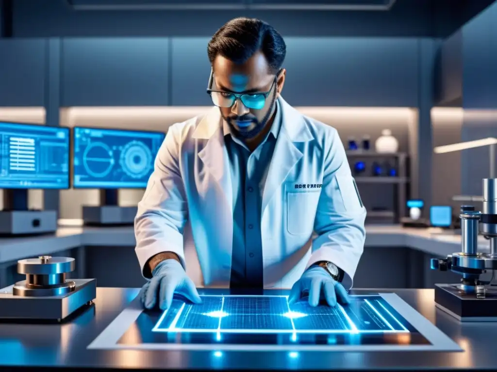 Un científico examina detalladamente un plano de patente en un laboratorio moderno, rodeado de tecnología de vanguardia