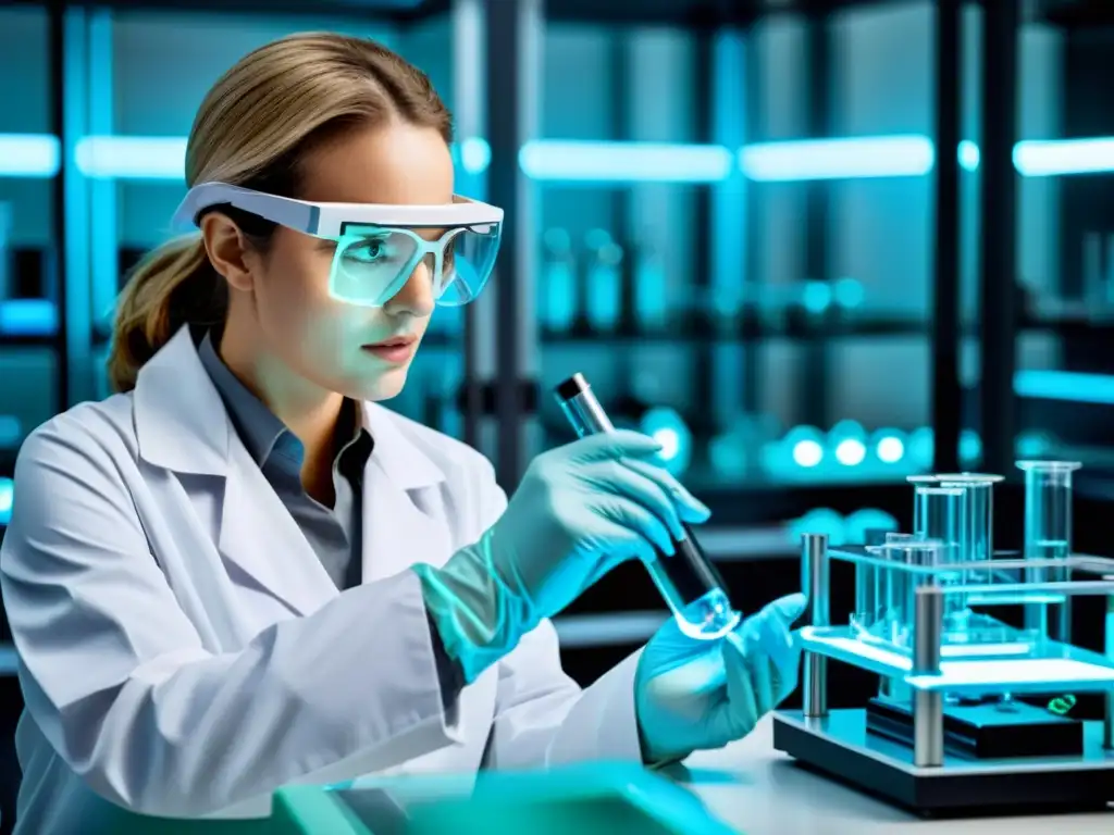 Un científico realiza un proceso de patentamiento en biotecnología en un laboratorio moderno y futurista, rodeado de tecnología innovadora