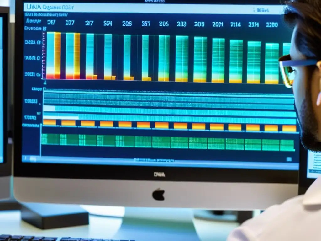 Un científico analiza una secuencia de ADN bajo el microscopio, con colores vibrantes representando marcadores genéticos