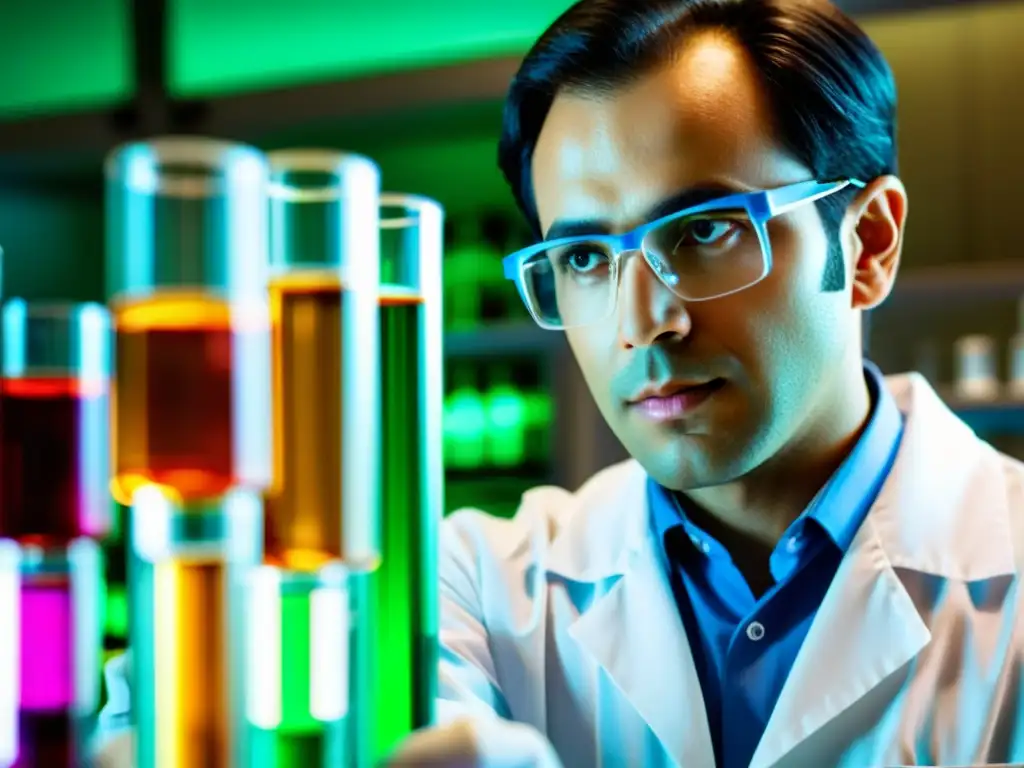 Un científico examina detalladamente un tubo de ensayo con líquido brillante en un laboratorio farmacéutico moderno