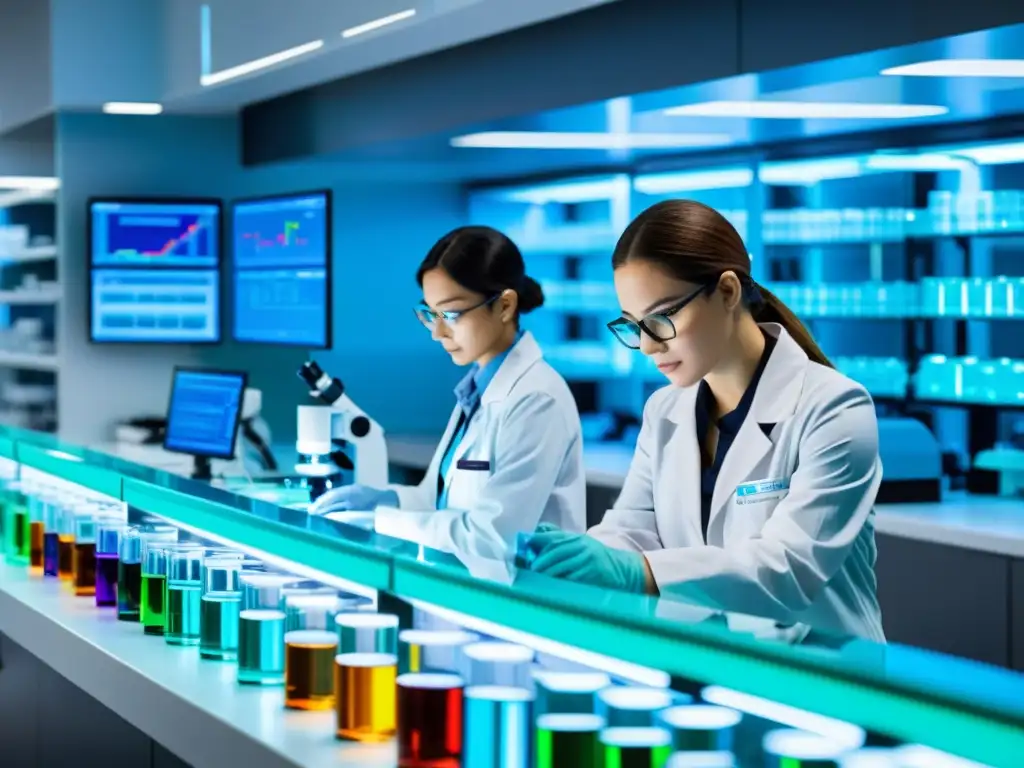 Científicos en un laboratorio farmacéutico moderno, analizando datos y trabajando en equipos avanzados