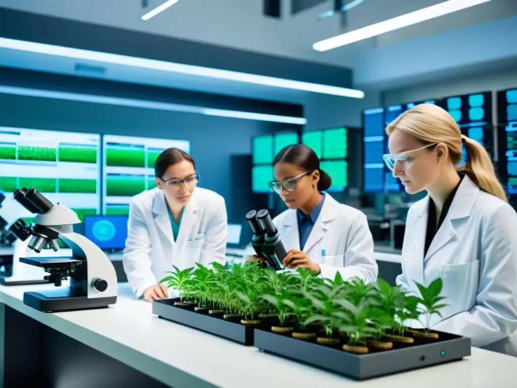 Científicos analizan muestras vegetales bajo microscopios en laboratorio moderno, rodeados de tecnología futurista y datos genéticos