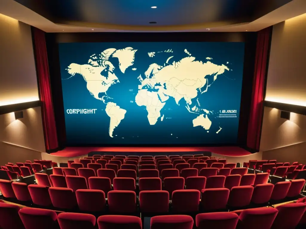 Un cine moderno proyectando un mapa global, simbolizando la protección de derechos autor cine global, con una audiencia diversa