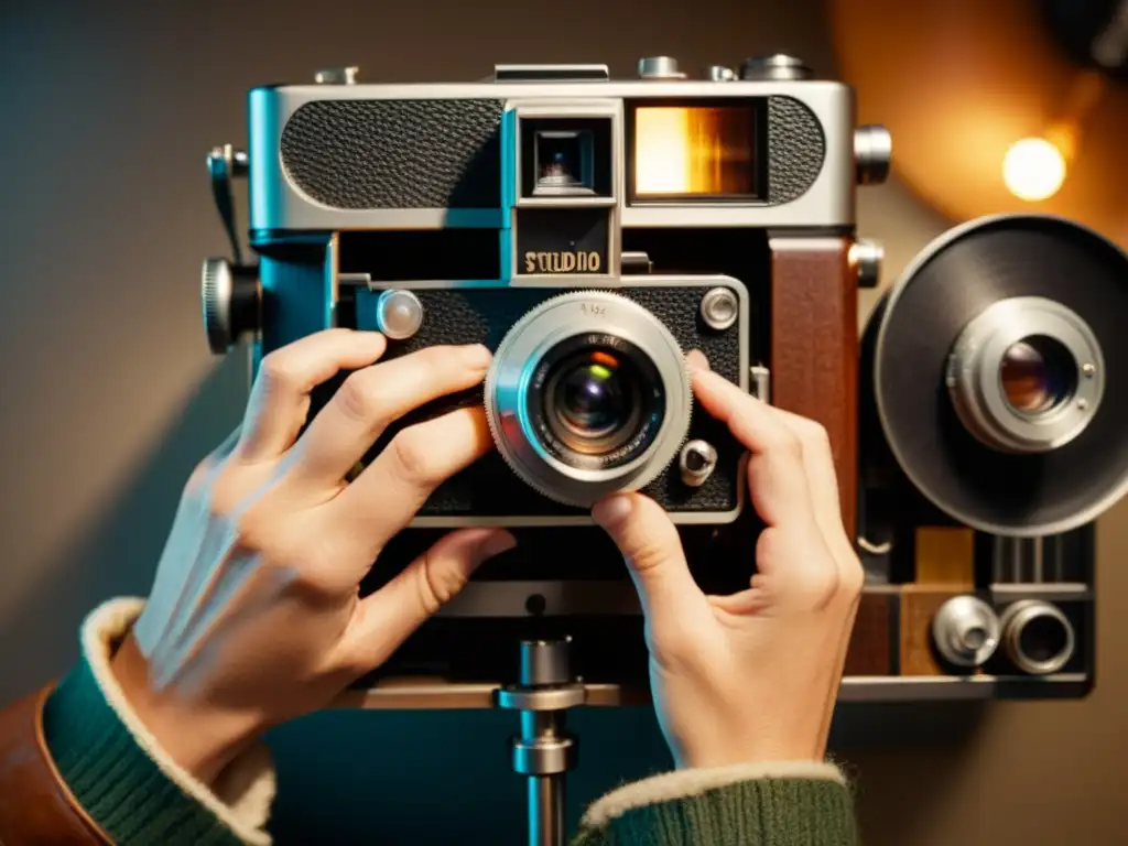 Un cineasta hila cuidadosamente película en una cámara 16mm vintage, con la suave luz cálida iluminando la escena desde arriba
