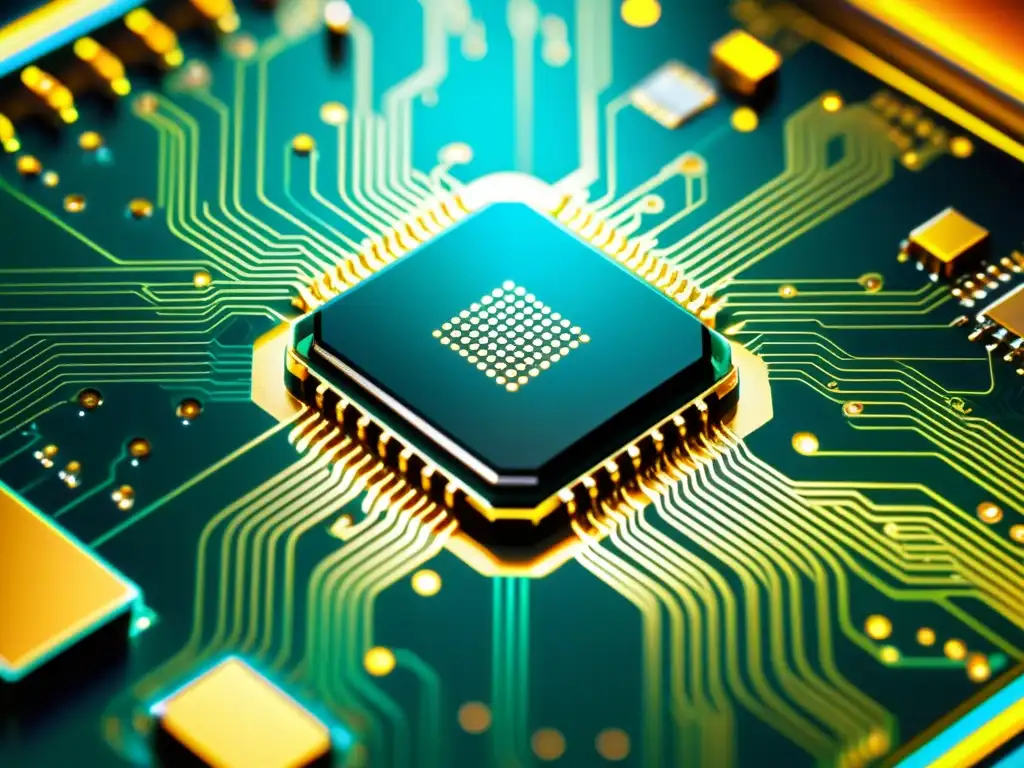 Un circuito integrado de vanguardia con intrincados microchips y componentes en colores futuristas