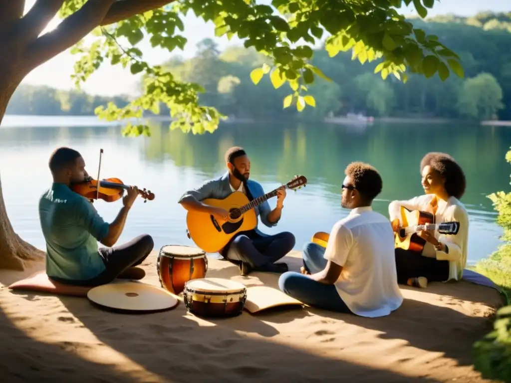 Un círculo de músicos diversos toca instrumentos al aire libre, disfrutando de la terapia musical