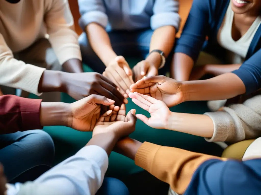 Un círculo de personas diversas habla y se conecta, expresando emociones