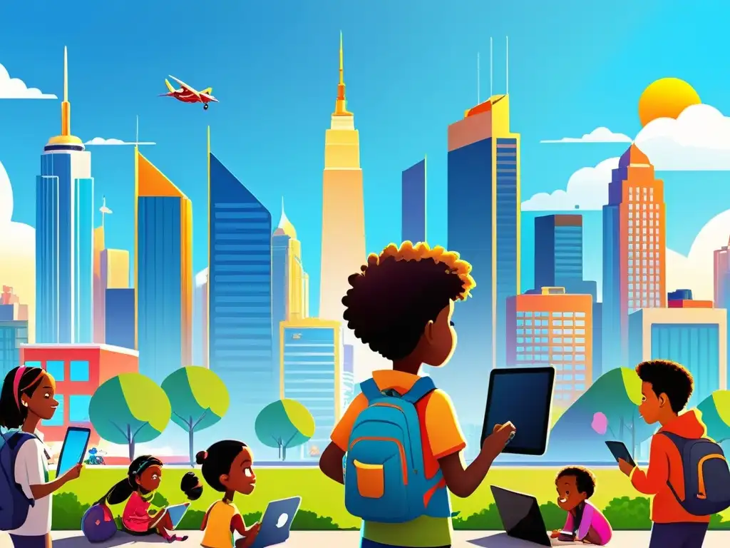 Una ciudad animada y colorida llena de niños y dispositivos electrónicos, bajo un cielo azul brillante
