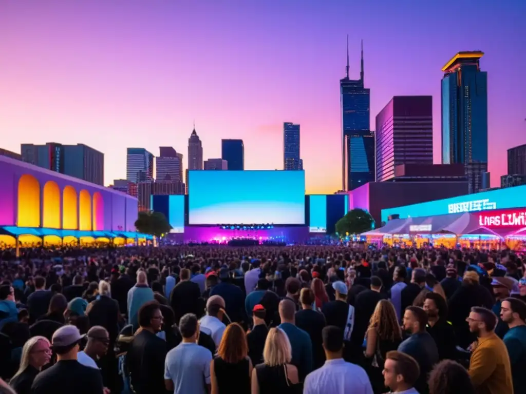 La ciudad se ilumina al atardecer, con un bullicioso ambiente urbano y luces de neón