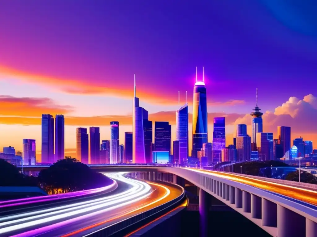 Una ciudad bulliciosa al anochecer, con torres 5G futuristas integradas entre edificios, emitiendo un suave resplandor