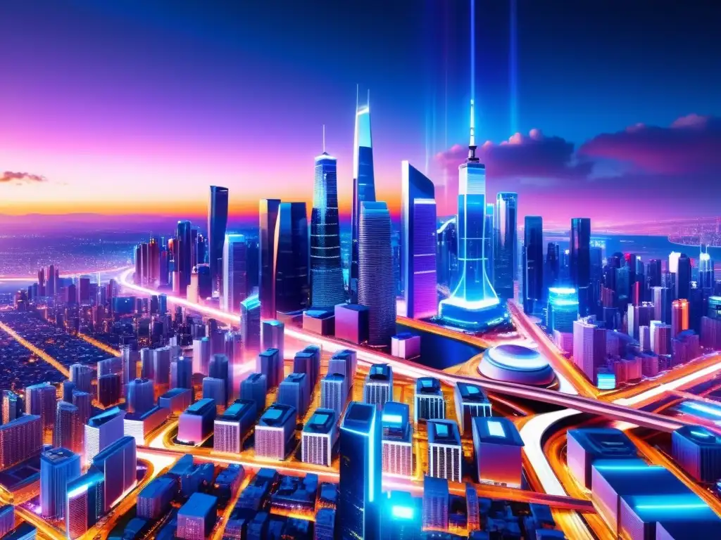 Una ciudad digital futurista en 8k, con rascacielos modernos, tecnología avanzada y una red de datos